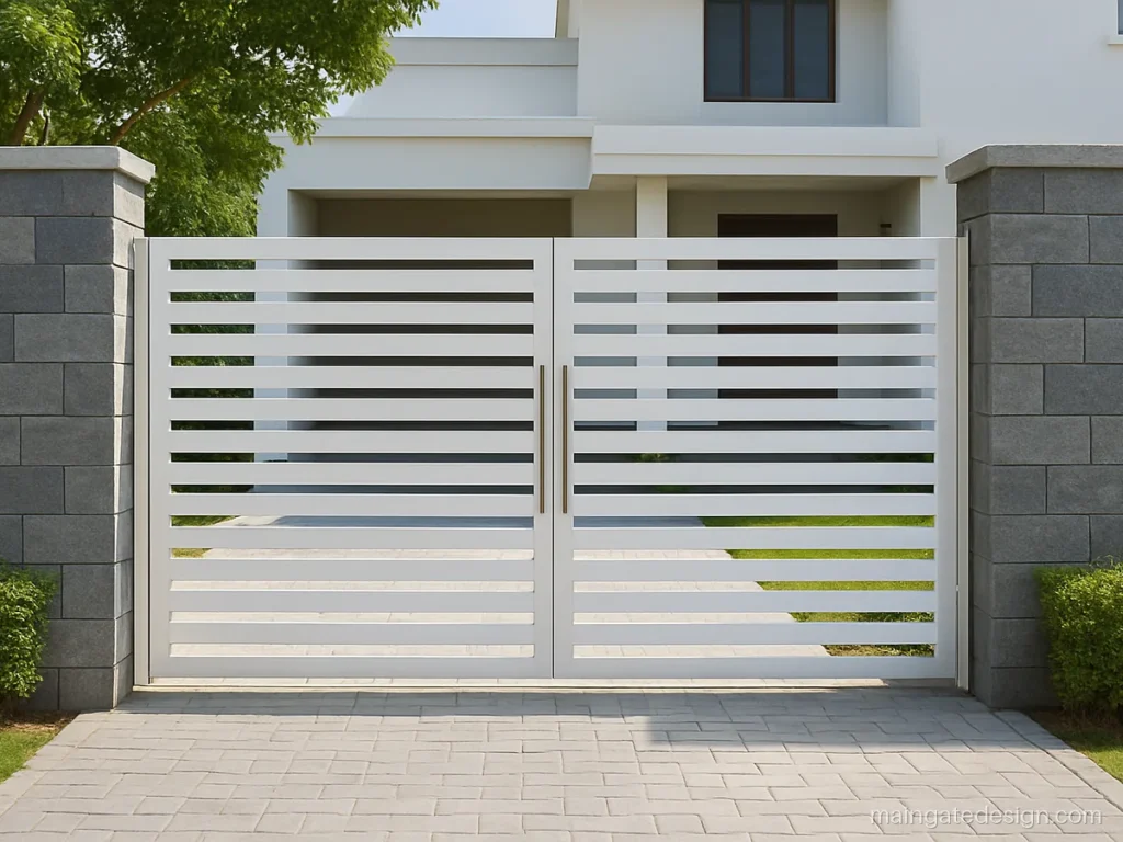 8 feet main gate design with horizontal MS slats in white for a small car