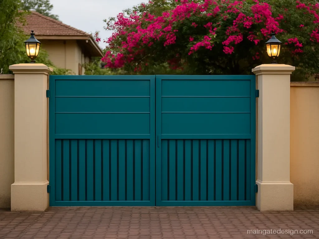 8 x 8 ft iron main gate design with bars below and a sheet top