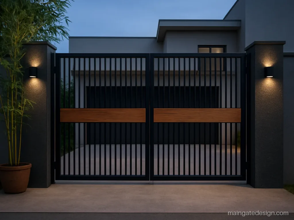 Iron main gate design 6 x 7 ft with vertical pipes and a wood strip