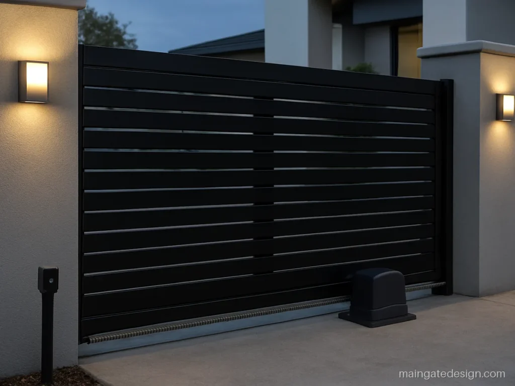 Automatic sliding main gate design with a gear rack and motor box beside the pillar