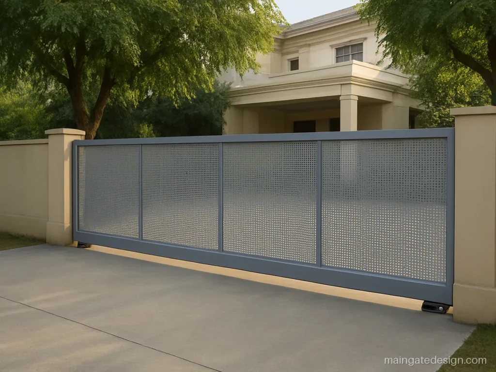 Steel sliding main gate design with perforated panels on a cantilever frame