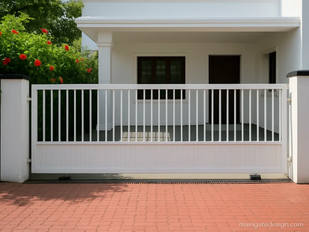 Main sliding gate design for a bungalow with white bars on a cantilever beam