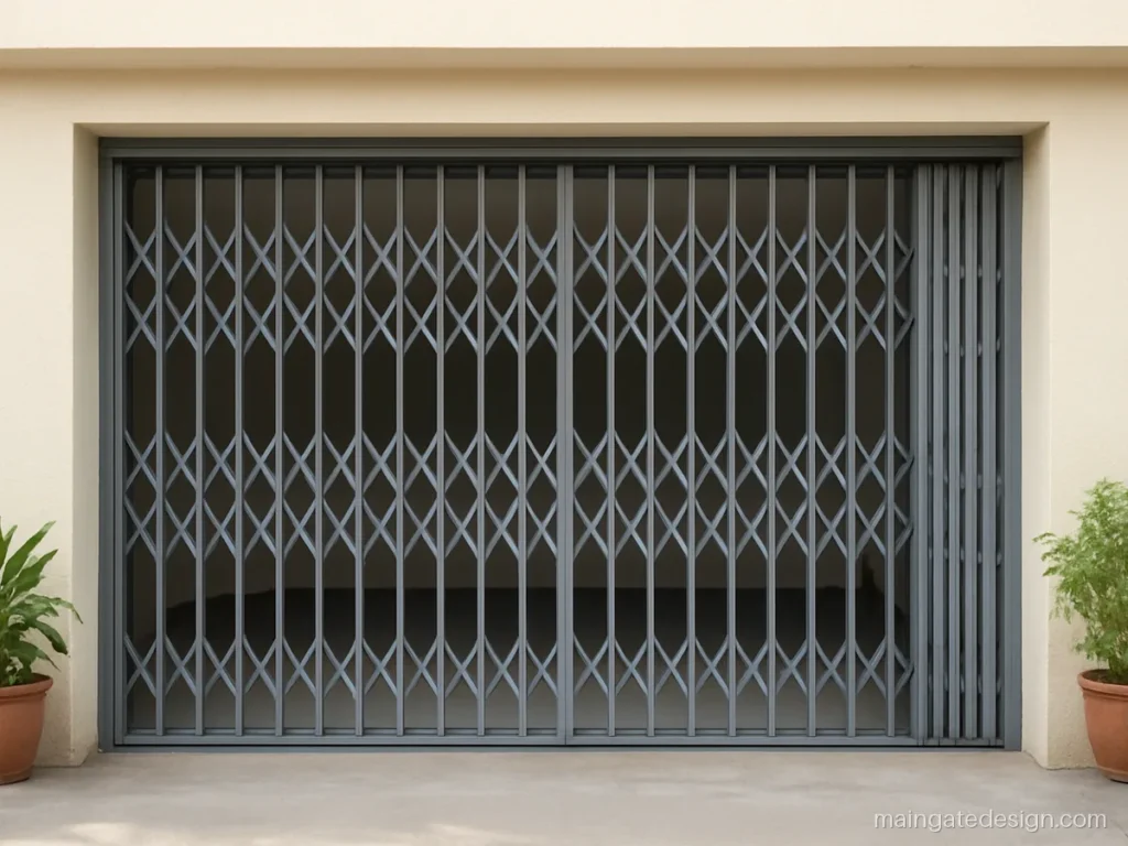 Folding main gate design with collapsible MS channels and lattice for a house front