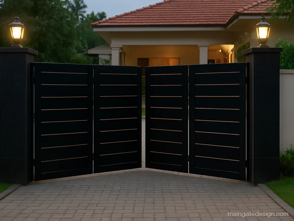 Main gate design 4 fold in black with gold strips for a wide entrance
