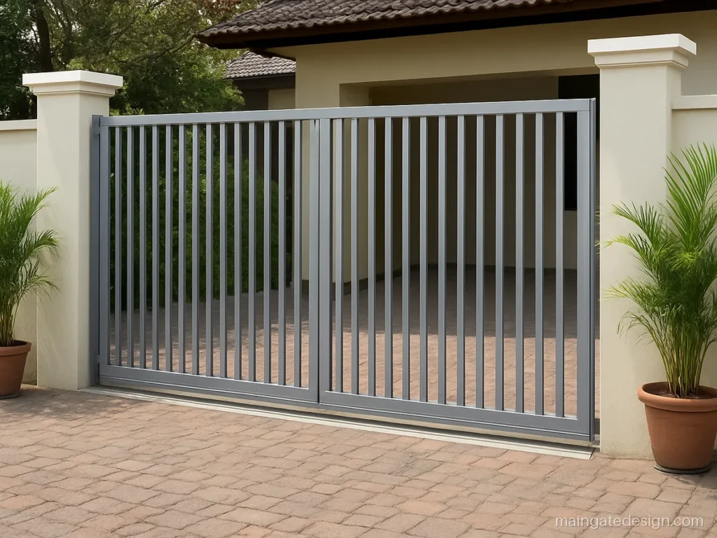 Telescopic sliding main gate design with two overlapping steel parts on parallel tracks