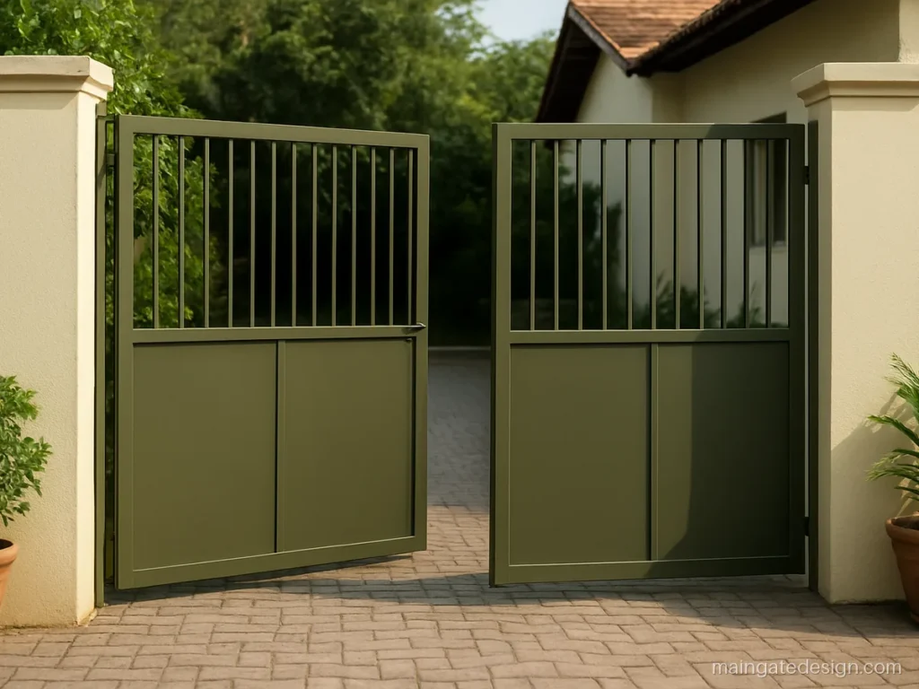 Main gate 3 fold gate design in green with three hinged panels folding back