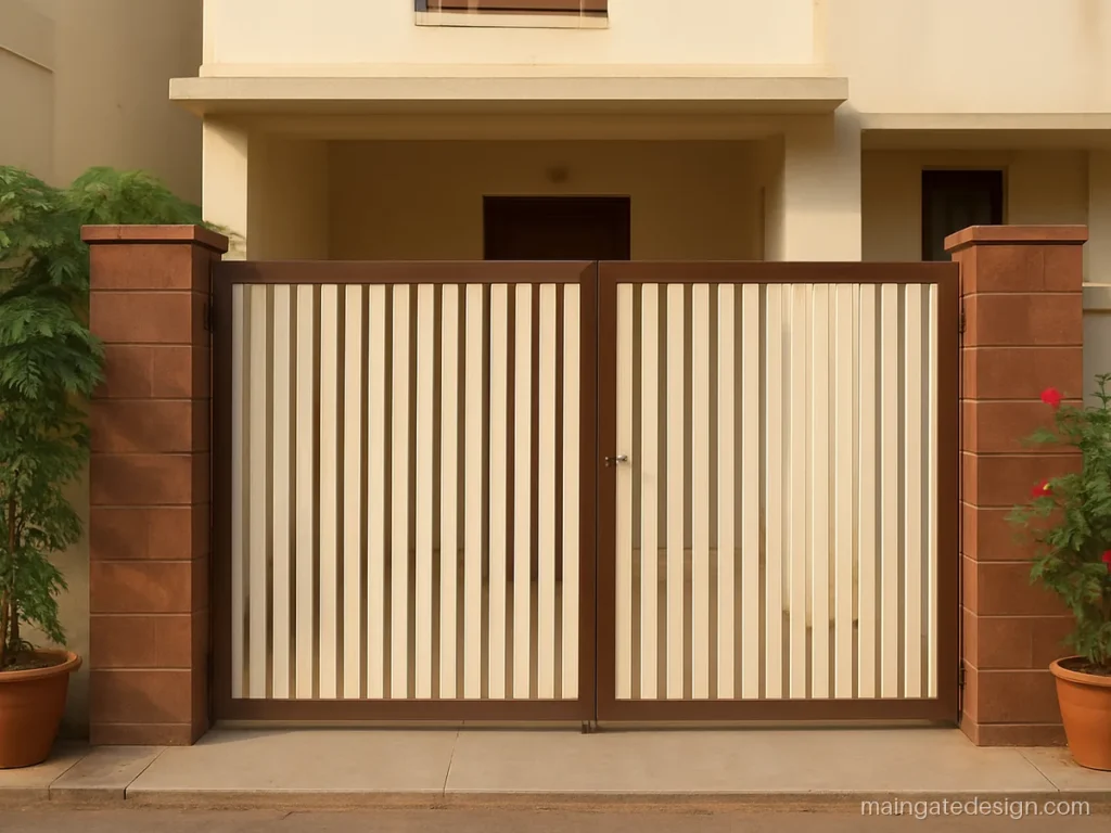 House 3 part main gate design in cream with one fixed and two folding parts
