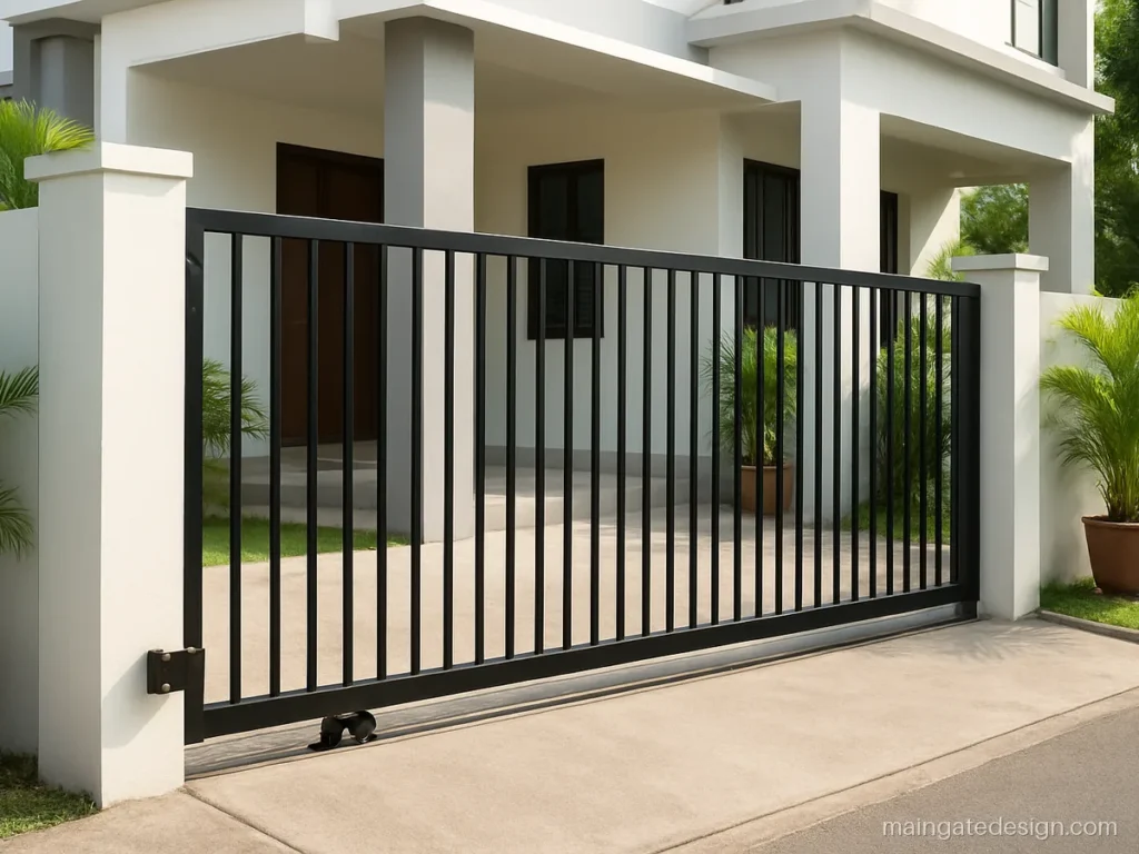 Sliding main gate design for home with black vertical bars on a floor track