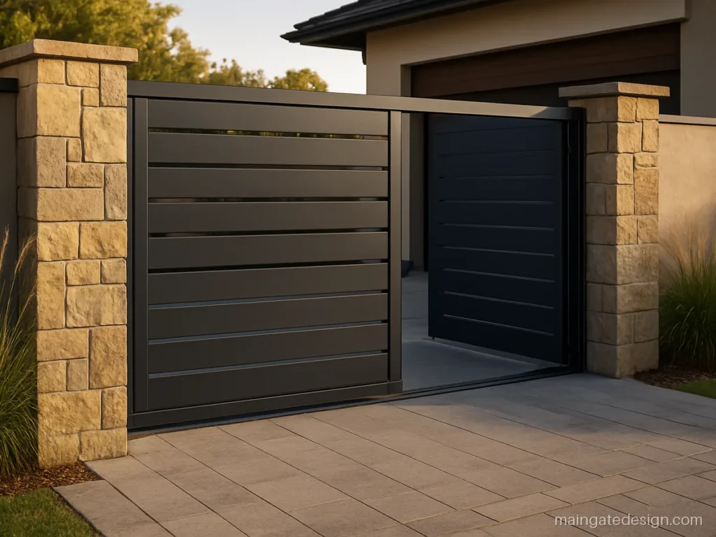 Modern sliding main gate design with grey horizontal slats at a villa