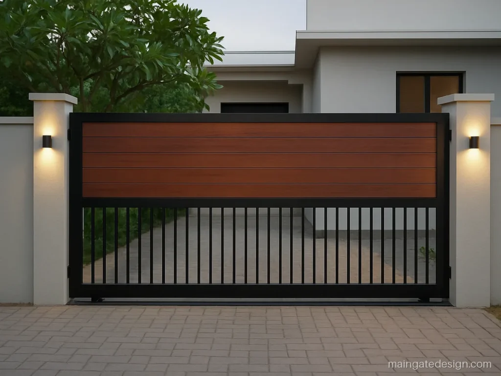 Slider main gate design with steel frame and wood finish panels for a house