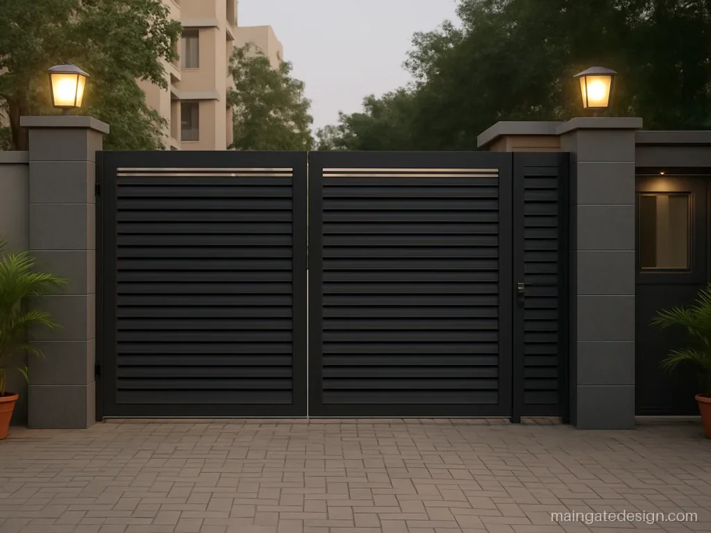 Apartment main gate design with louver panels and a separate walk-in gate