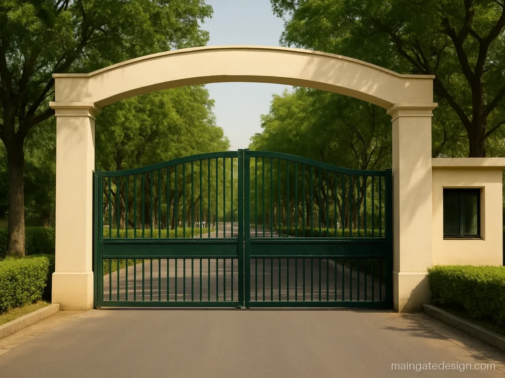 Colony main gate design with a double leaf gate under a concrete arch
