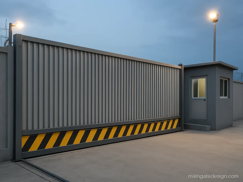 Industrial factory main gate design with a long sliding sheet gate on a track