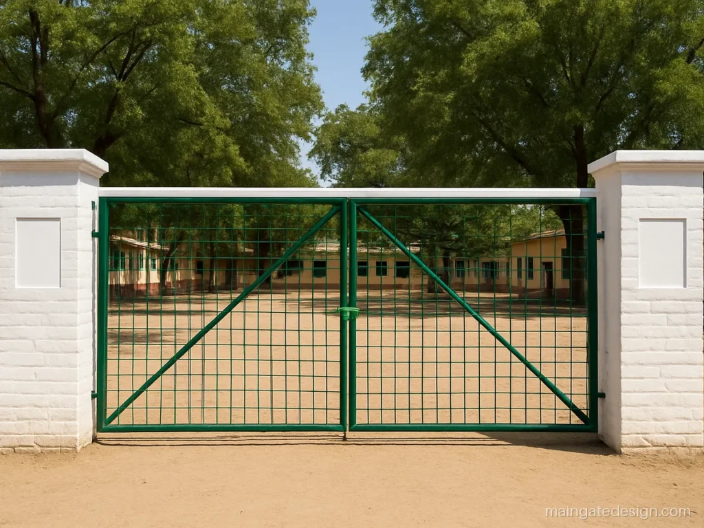 Govt school main gate design with a sturdy pipe grid in green