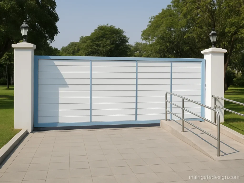 Hospital main gate design with a wide sliding gate and a smooth ramp