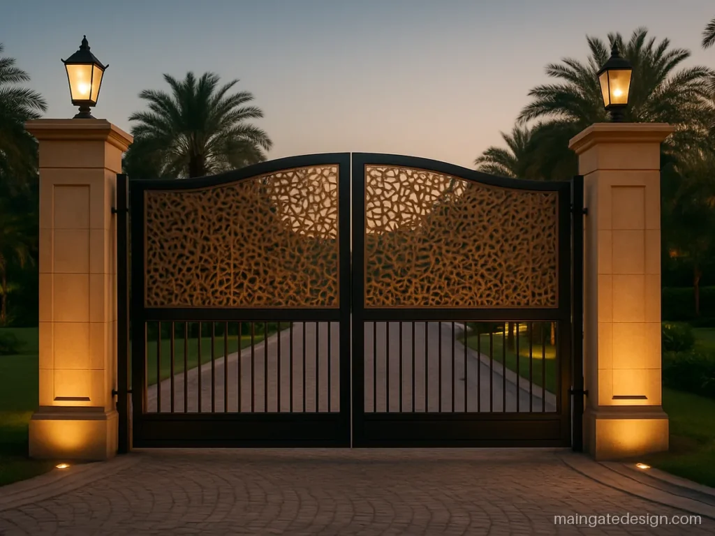 Hotel main gate design with bronze finish panels and tall lamp pillars