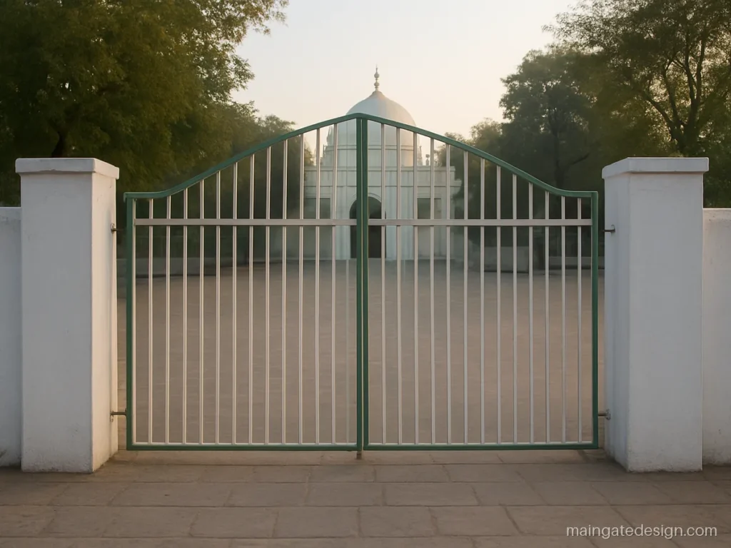 Masjid main gate design simple, with a white arched iron frame and bars