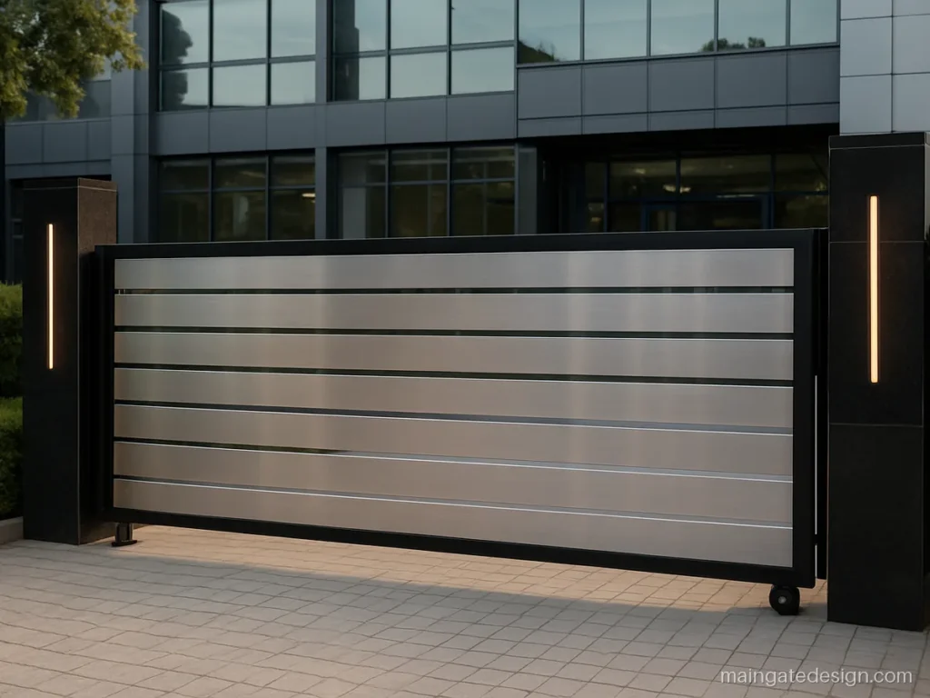 Office main gate design with stainless steel slats and a cantilever slide