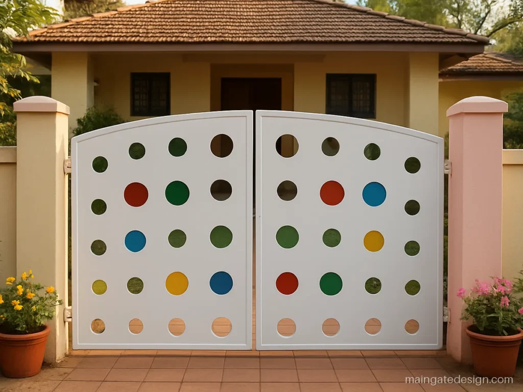Play school main gate design with coloured round cut-out panels