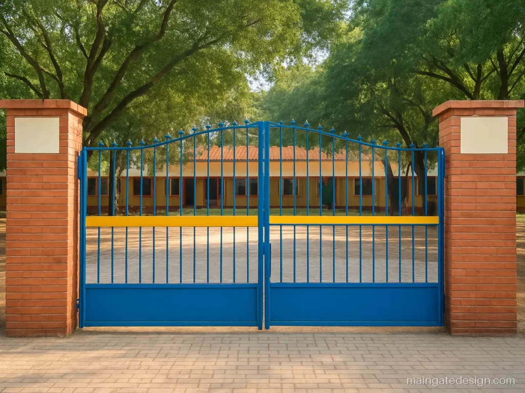 School main gate design with rounded top rails painted blue and yellow
