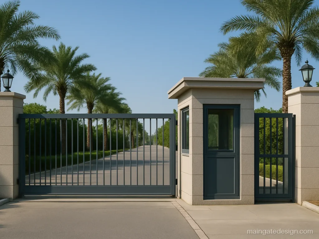 Society main gate design with a sliding gate, wicket and guard cabin