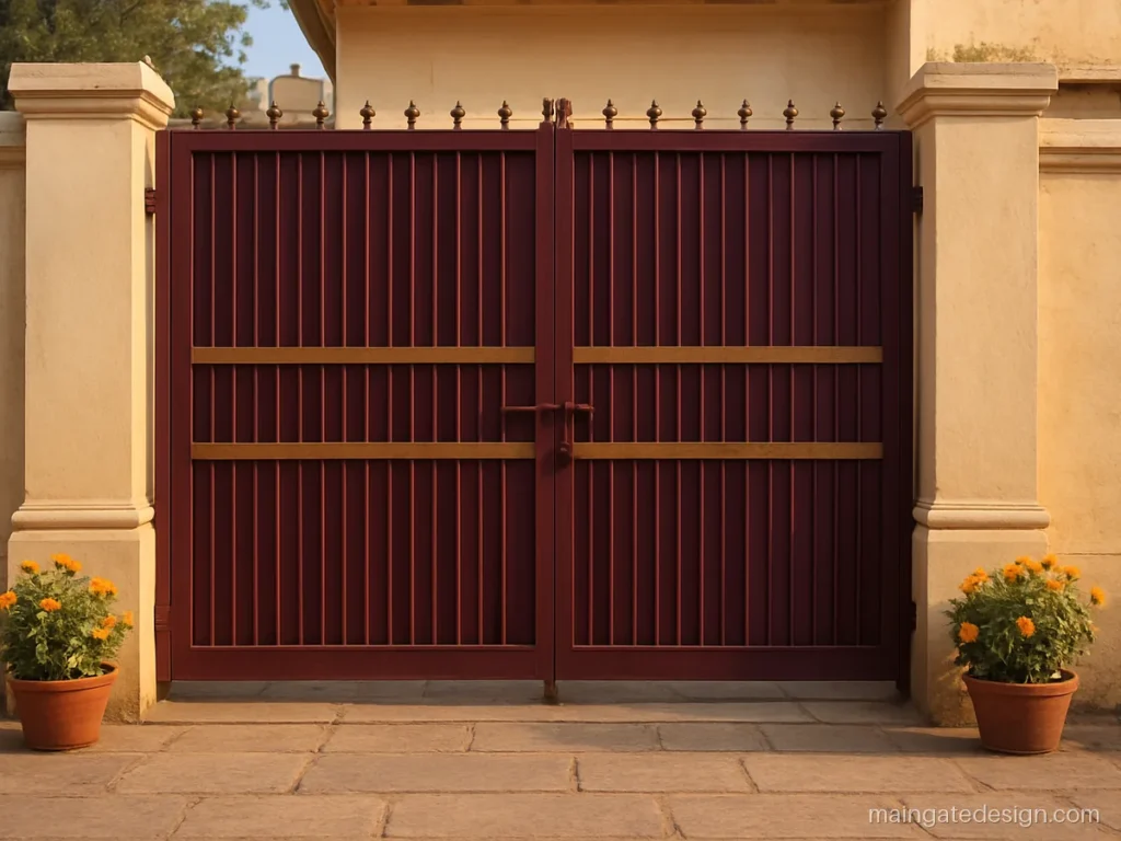 Mandir main gate design with plain bars and brass tone bands