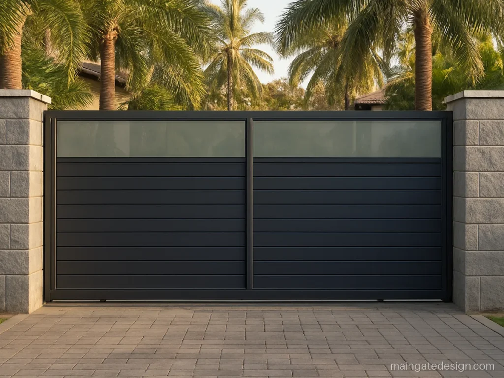 Aluminium main gate design with grey profiles and tinted glass upper panels