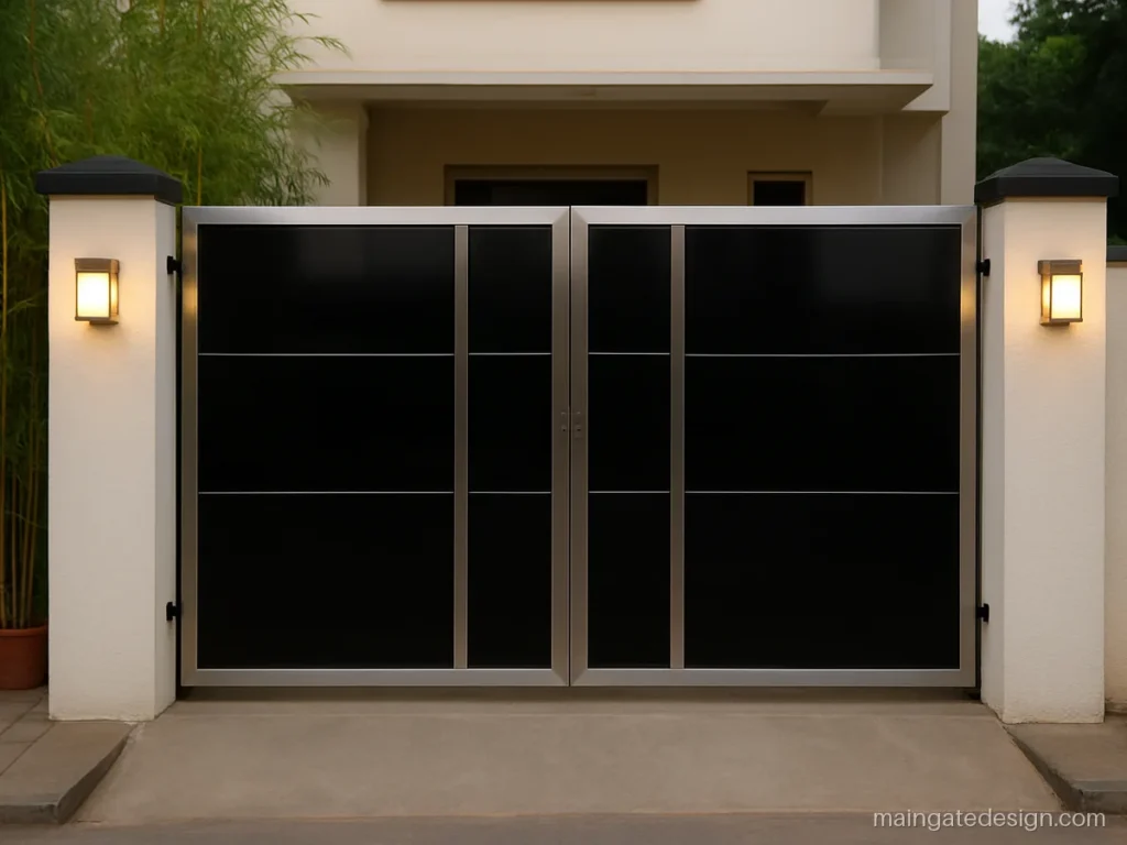 Main gate steel design with black acrylic panels and thin SS strips