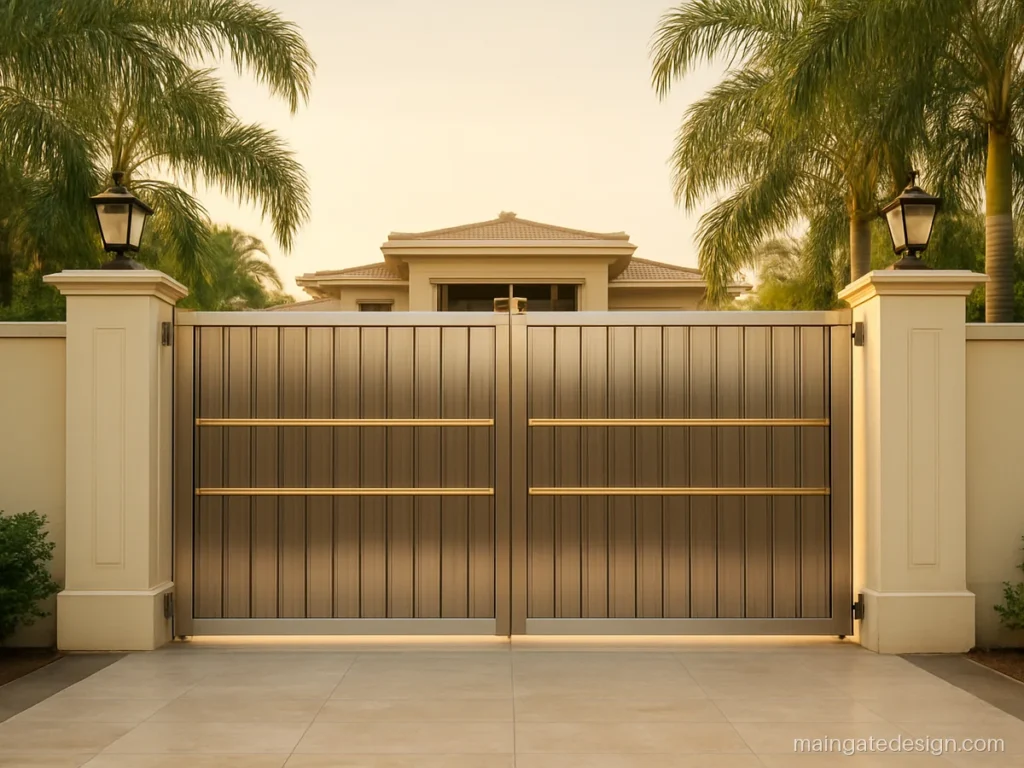 Steel main gate design double door with gold PVD bands on brushed steel