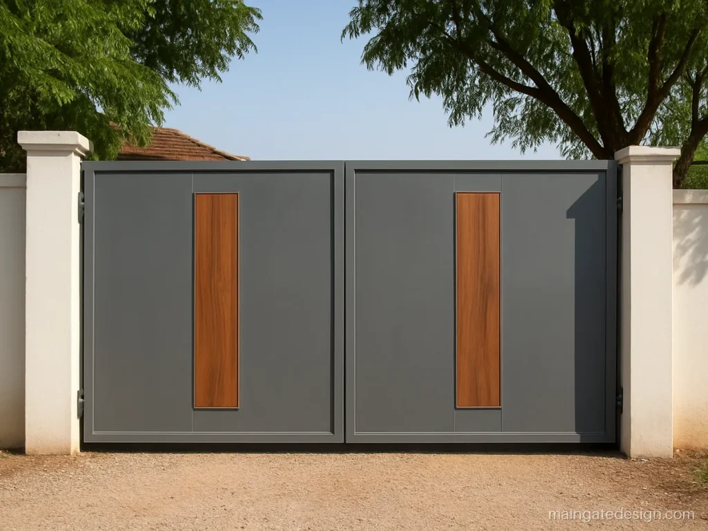 GI and steel main gate steel door design with wood texture centre panel