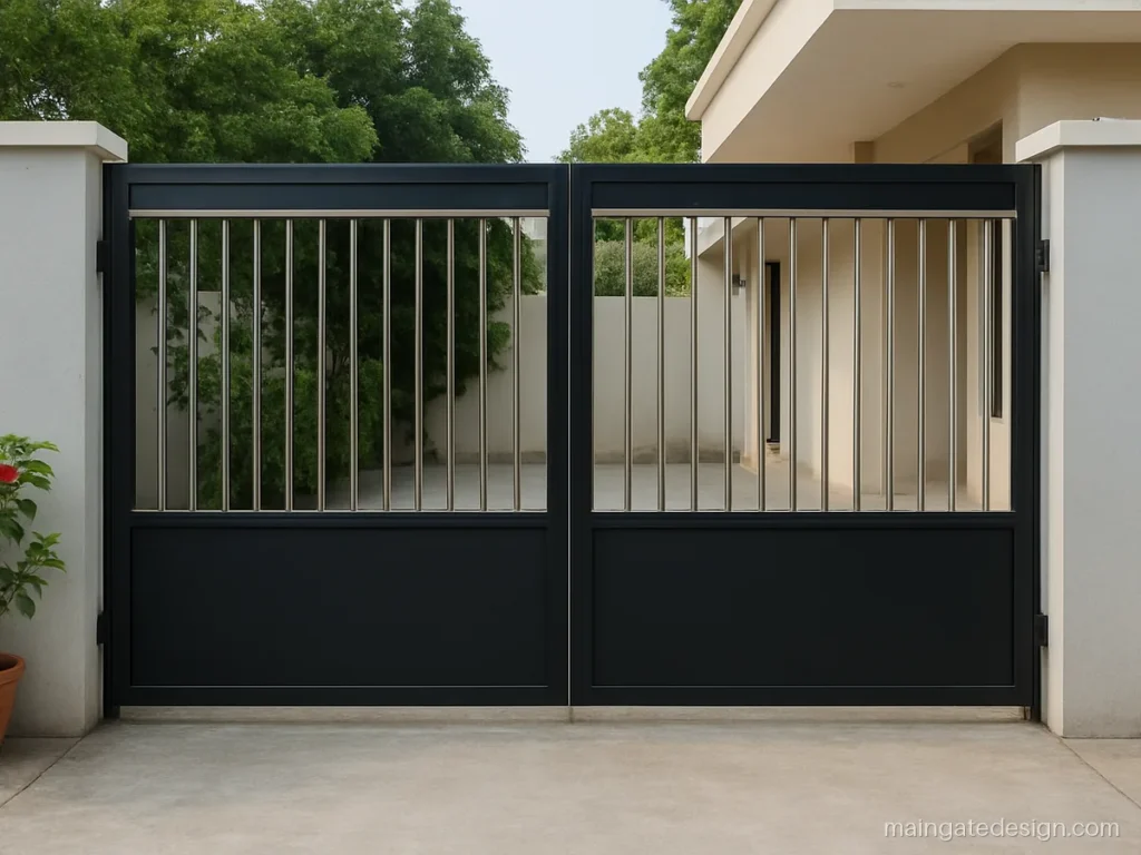 Main gate design iron and steel mix with black MS frame and SS bars