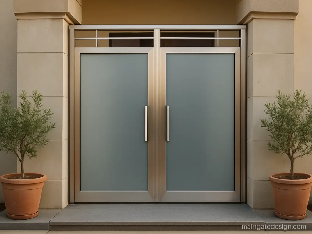 Steel main gate design with frosted glass panels inside a brushed SS frame