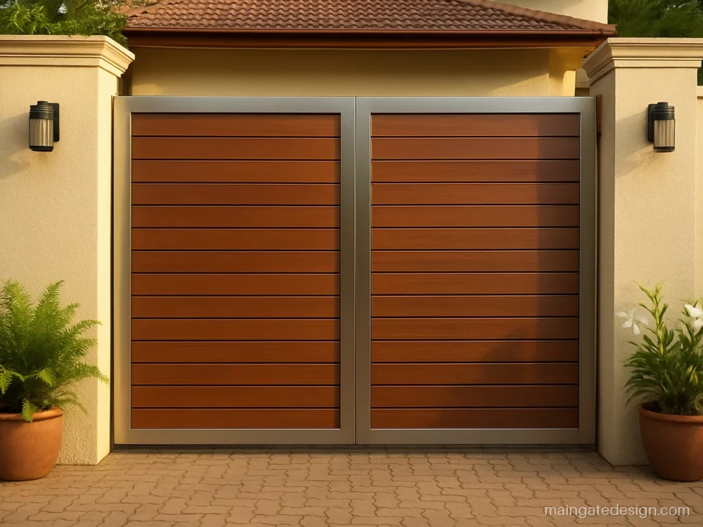 Main gate steel gate design with SS frame and wood finish horizontal slats