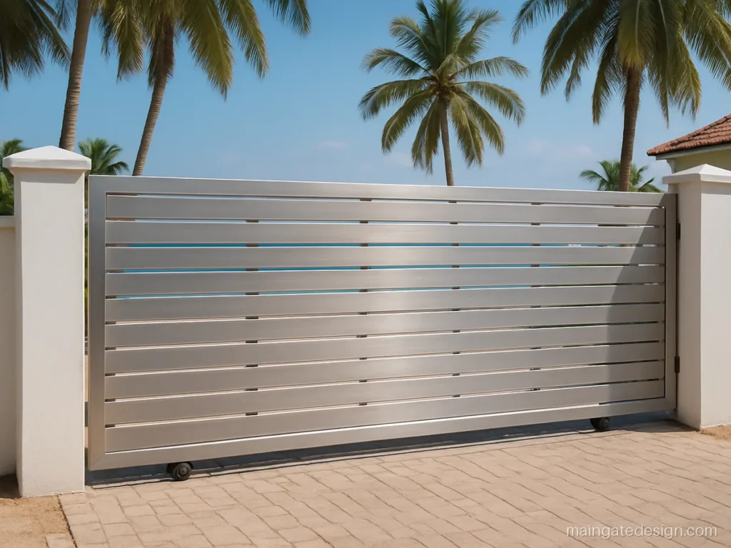 Main gate modern steel gate design with horizontal SS flat strips on a sliding leaf