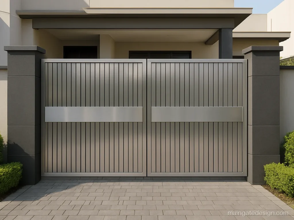 Steel main gate design for home with square tubes and a mirror finish band
