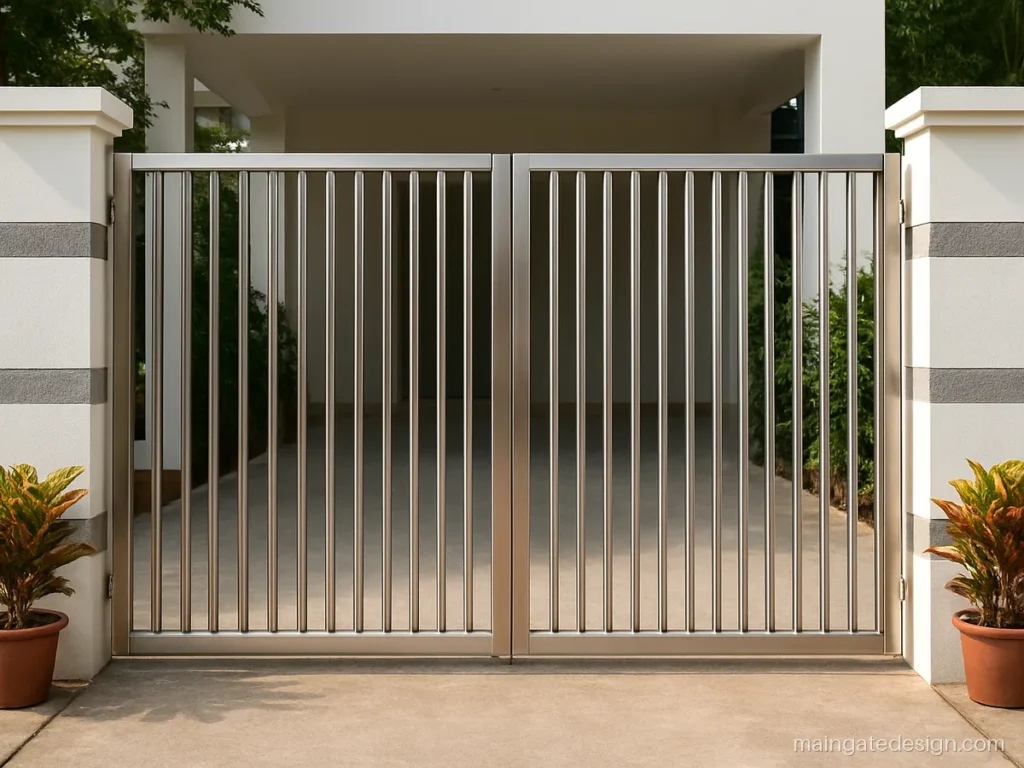 SS main gate design with brushed stainless steel vertical pipes and flat top rail
