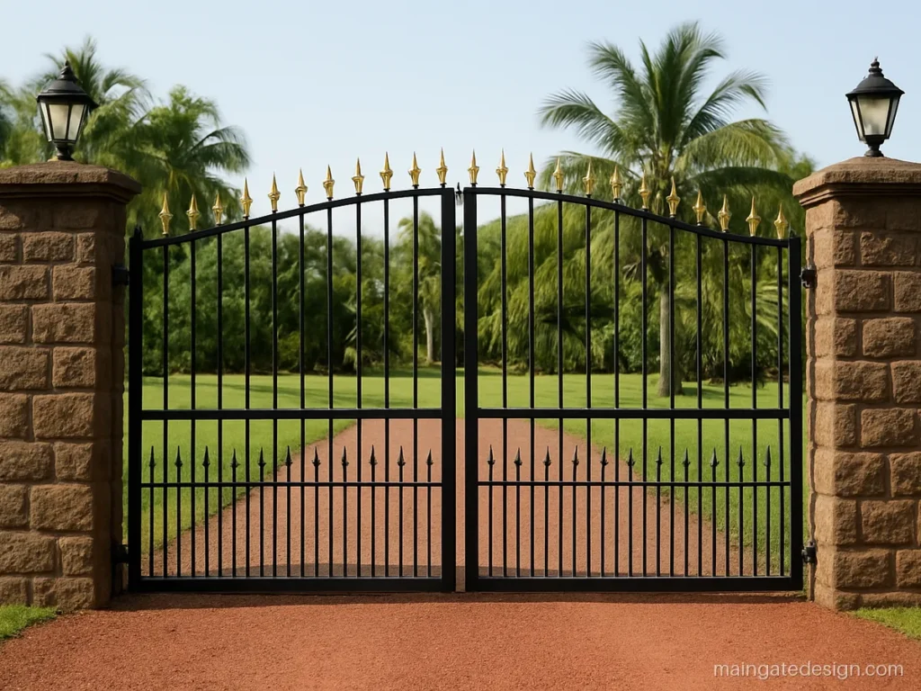 Main gate design for farm house with black spear bars and stone pillars