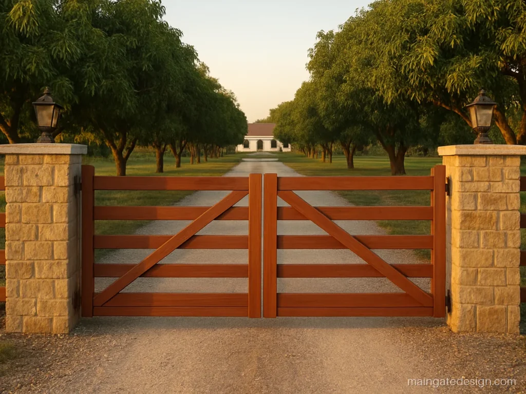 Farmhouse main gate design in ranch style with wood finish horizontal rails