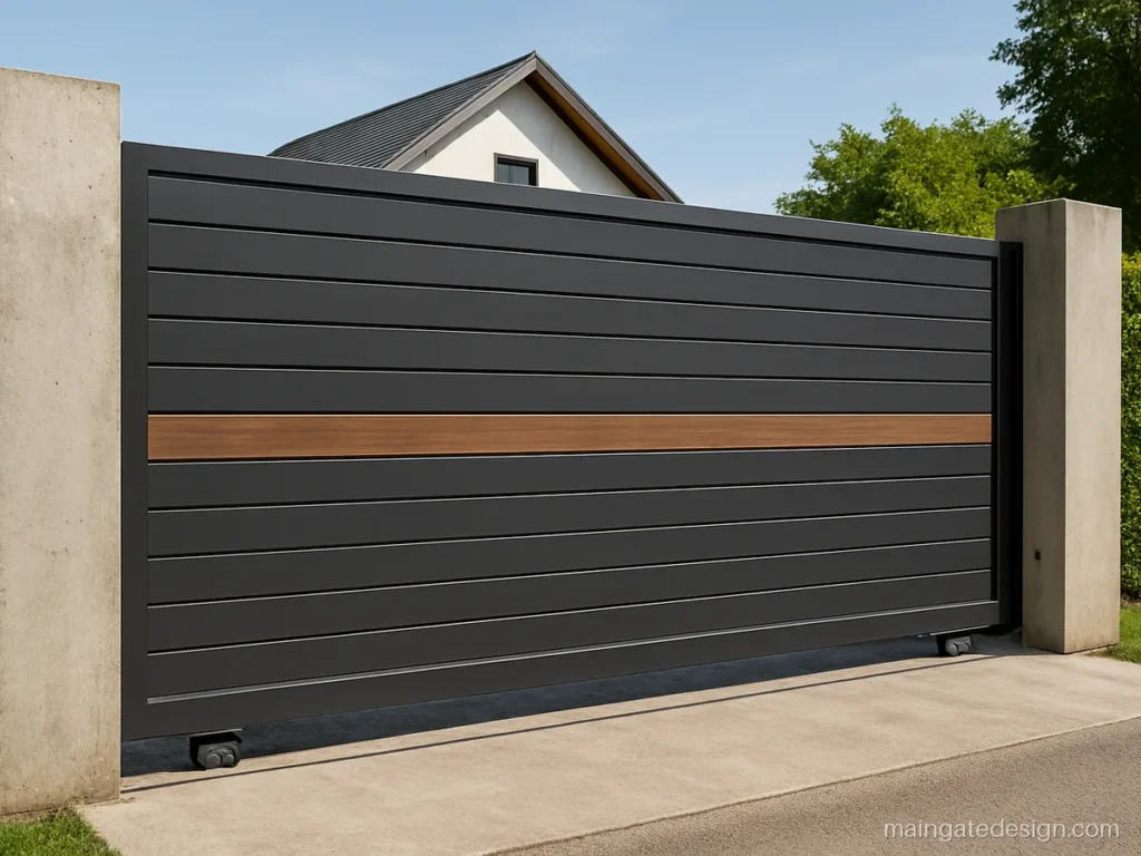 Modern farm house main gate design with sliding horizontal slat panel