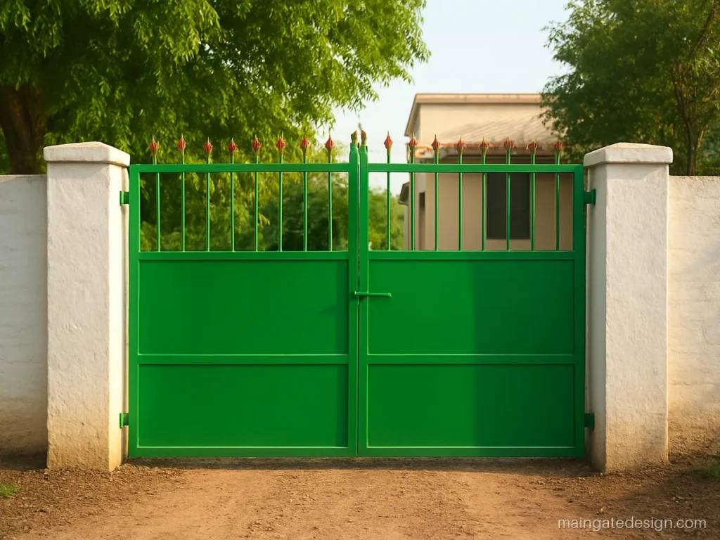Main gate design iron for village house with bars on top and sheet below