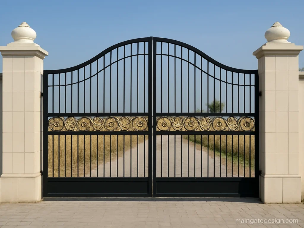 Village house main gate design with arched top and gold details for a kothi