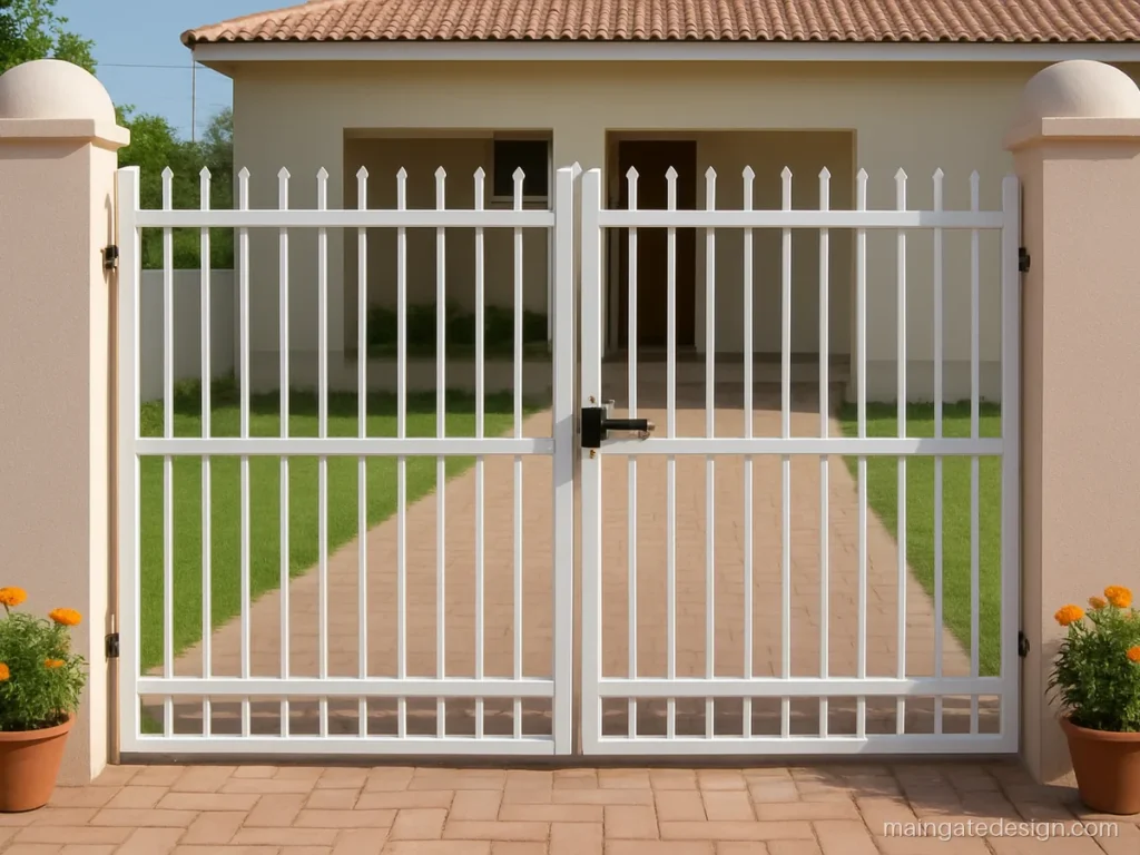 Village main gate design photos showing a white pipe bar gate