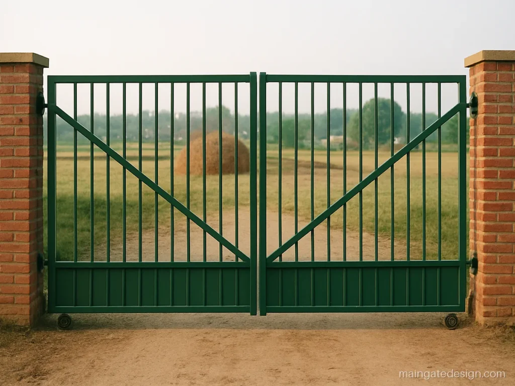 Wide village house main gate design with braced leaves for tractor entry
