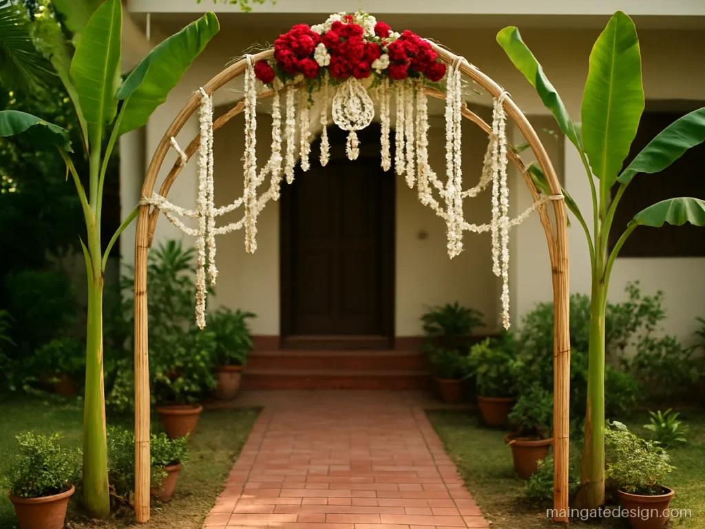 Bengali main gate wedding gate design in white and red with banana stems