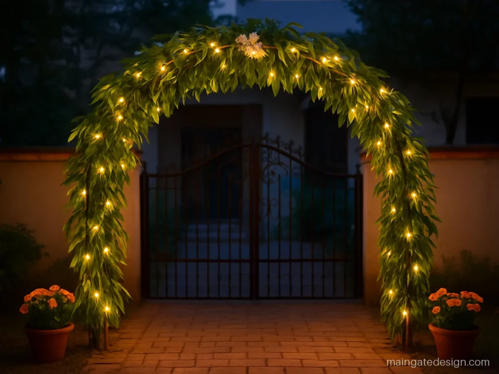 Simple wedding gate design with green leaf arch and fairy lights at a home