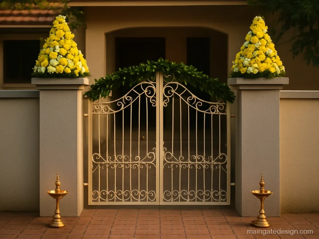 Wedding main gate design for home with flower towers on both pillars