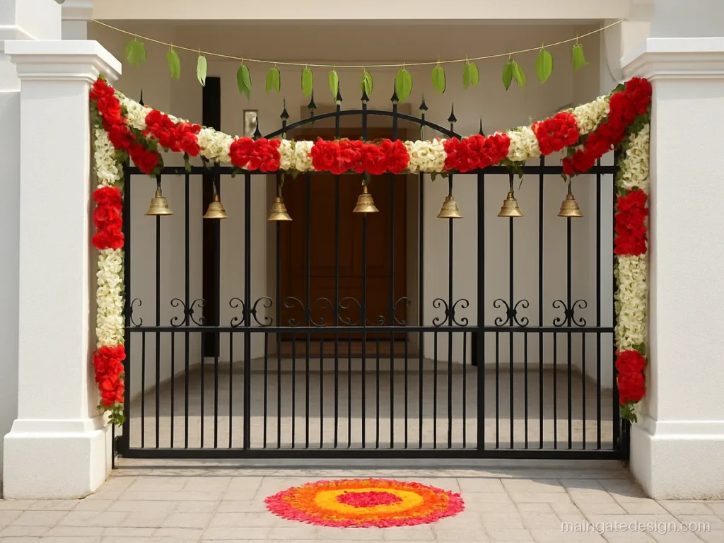 Simple main gate wedding gate design with flower garlands on a home iron gate