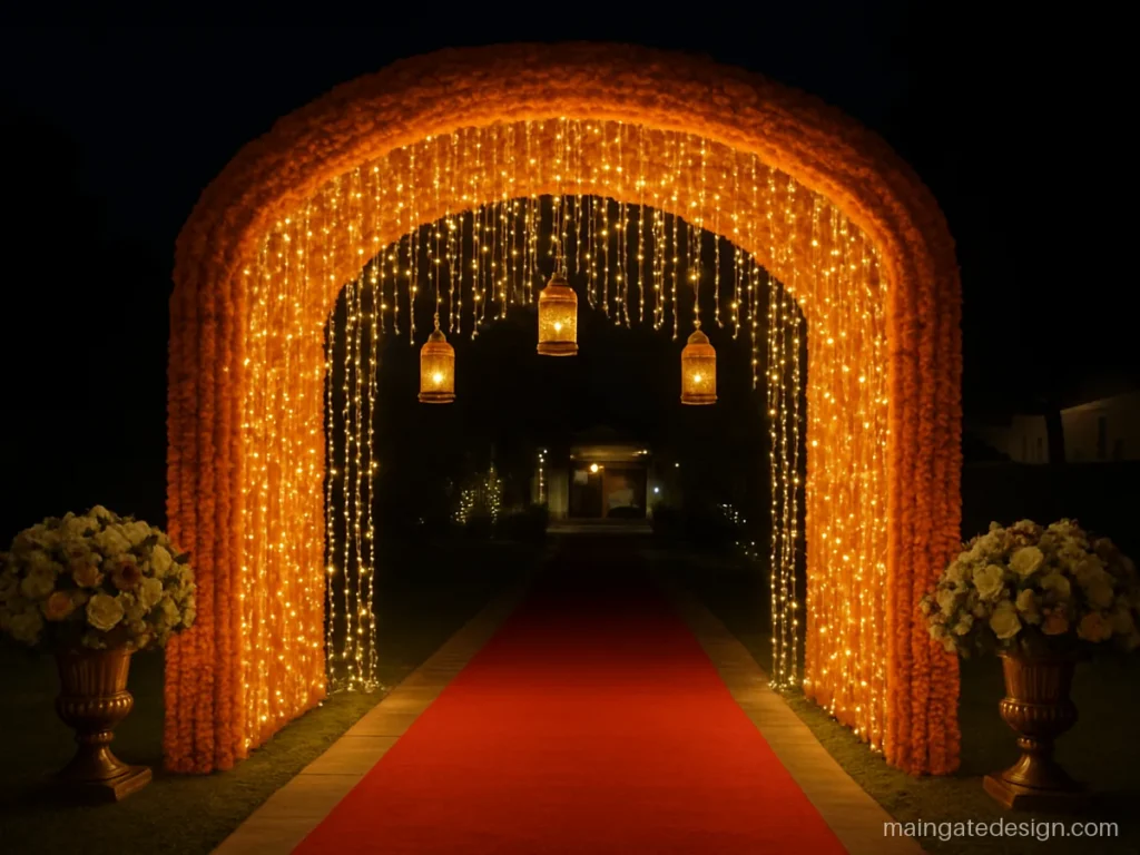 Main gate wedding gate design with warm LED curtain and marigold garlands at night