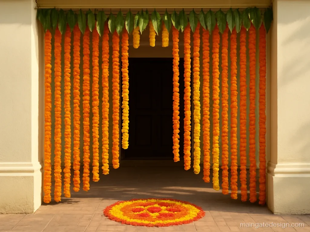 Marigold string curtain wedding gate design at a home entrance