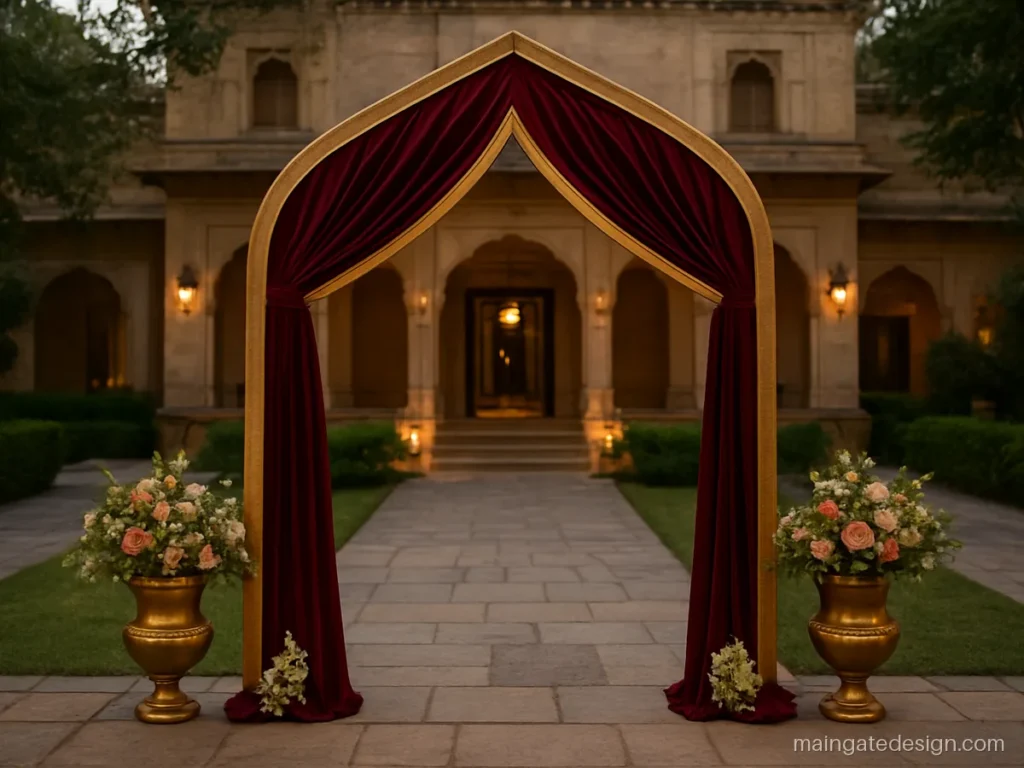 Wedding main gate design with a maroon velvet drape over a pointed arch